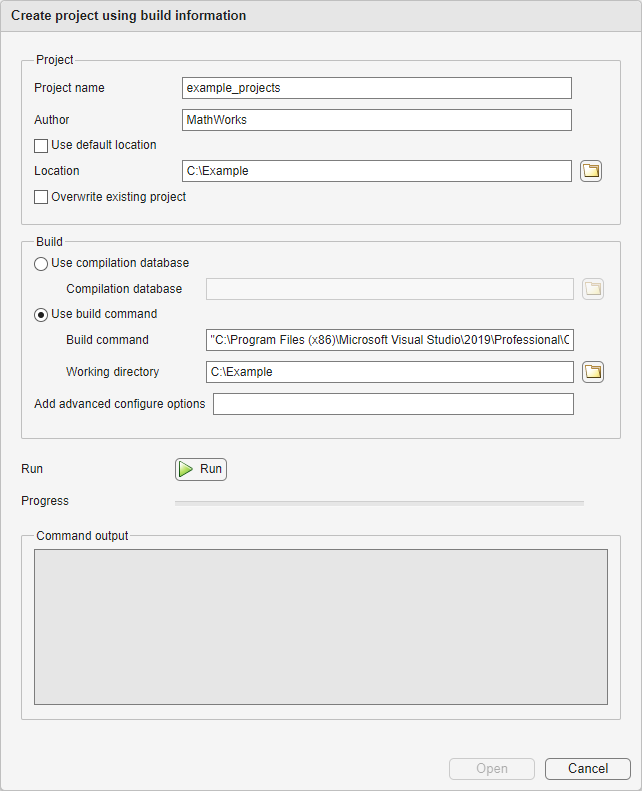 example Create project using build information window with example path to visual studio environment.