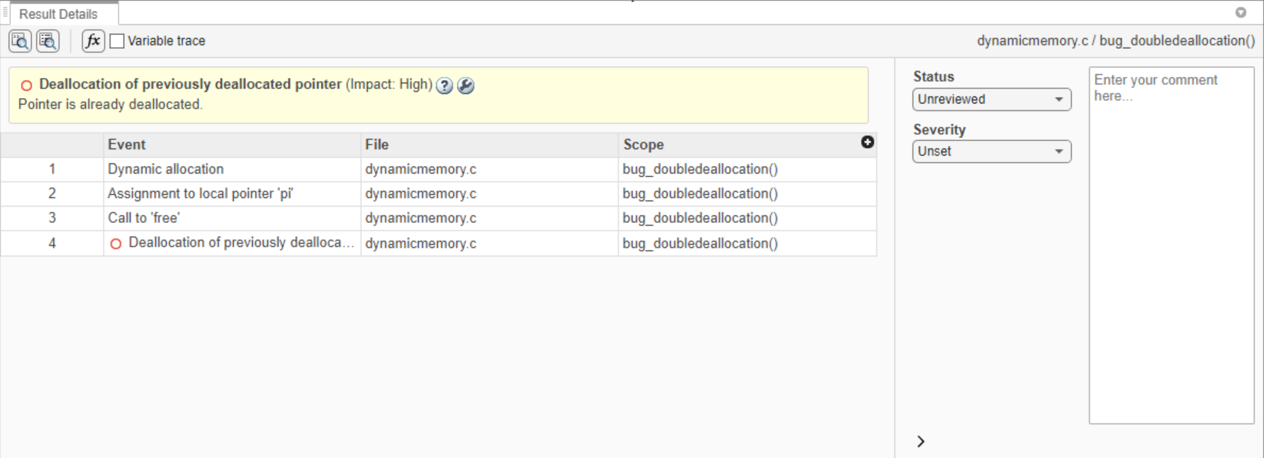 Result details pane with example result