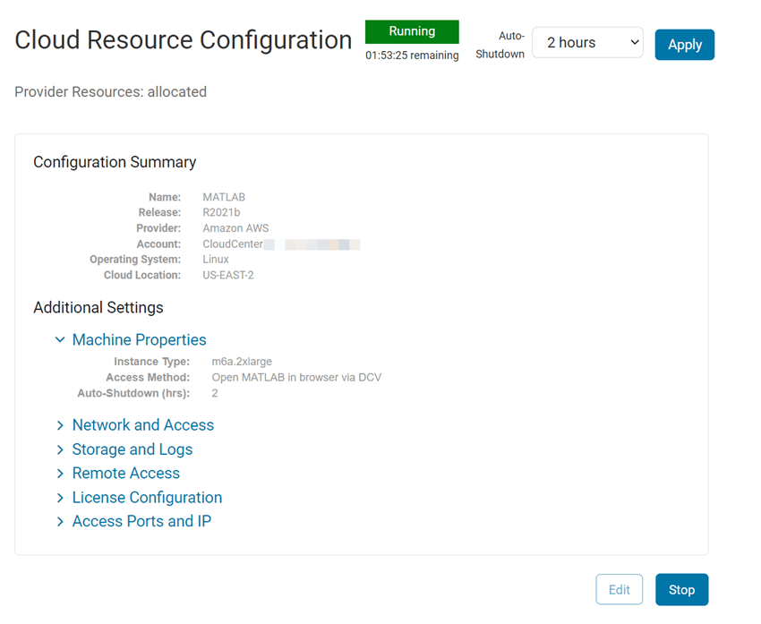 Details screen of the running cloud resource configuration.