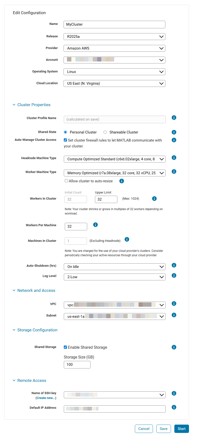 Create Cluster window with example settings for a personal cluster.