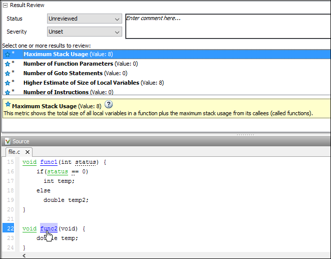 A snapshot of the Result Details pane showing all code metrics for the function 'func2' including its maximum stack usage,