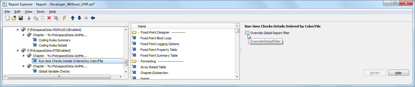 Run-time Checks Details Ordered by Color/File is selected in the left pane. The right-pane shows the properties of the component. The Override Global Report filter box has been cleared.