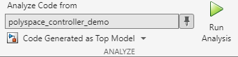 A snapshot of a section of the Polyspace tab on the Simulink toolstrip. In this section, you can select which code to analyze and then run analysis.