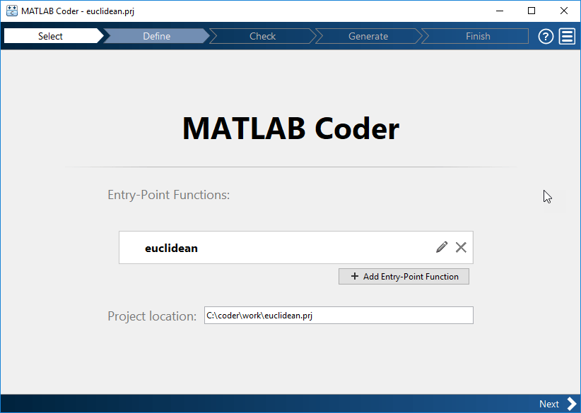 Select Source Files page of the MATLAB Coder app