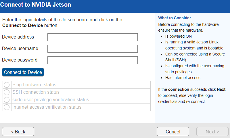 Connect to NVIDIA Jetson page with text boxes to enter the board credentials