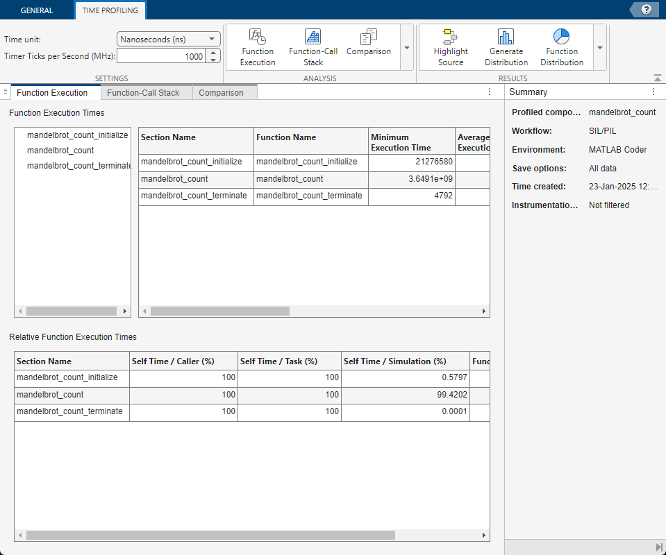 Code Profile Analyzer showing function execution times