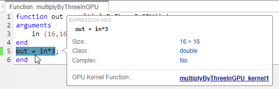 Screenshot of code generation report showing that the expression out = in*3 is executed on GPU.