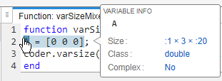 Code generation report, showing size of A