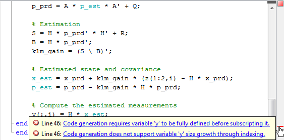 Code analyzer window, showing red indicator and hyperlinks to error locations