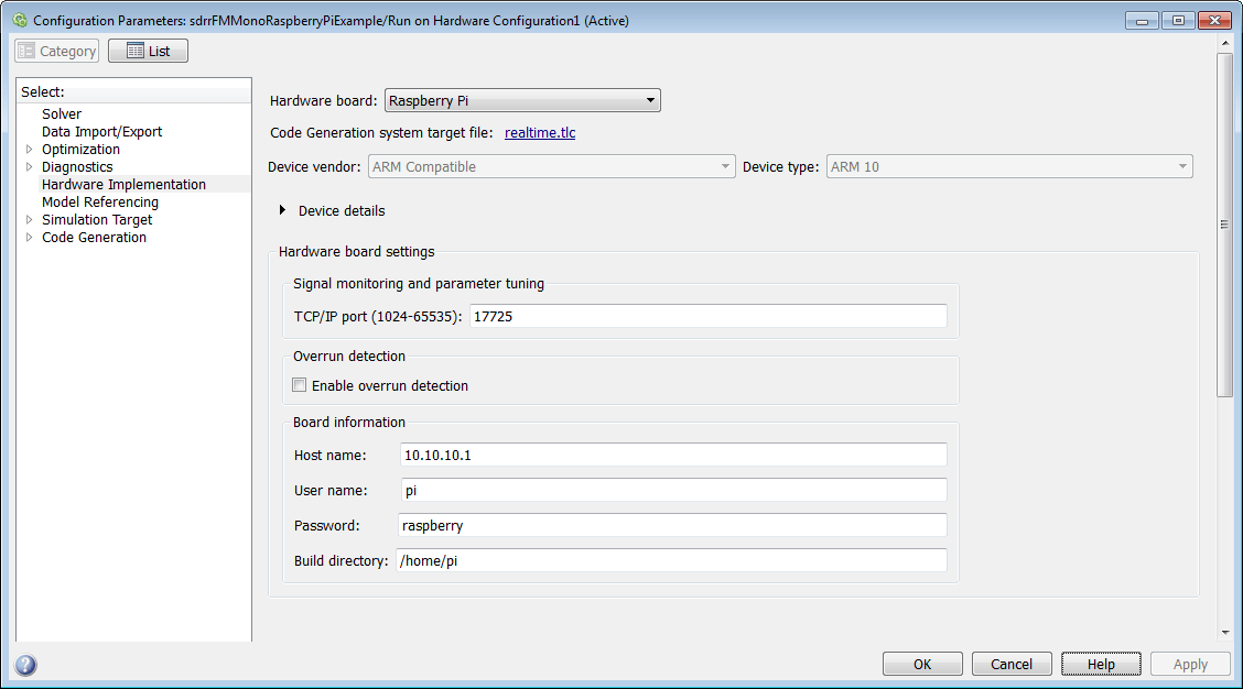 select the Hardware Implementation pane from the configuration parameters dialog box and set the required parameters.