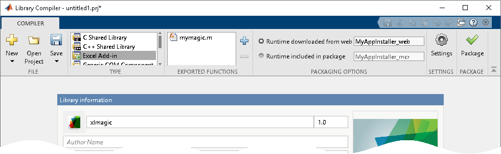 Library Compiler with Excel Add-in type selected and mymagic.m in the exported function section