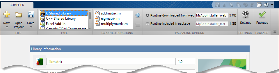 Library Compiler App with the C Shared Library type selected and addmatrix.m, eigmatrix.m, and multiplymatrix.m in the exported functions section