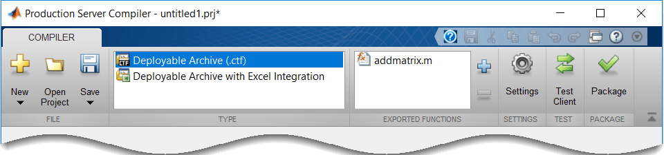 Production Server Compiler with Deployable Archive (.ctf)type selected and addmatrix.m in the exported functions section