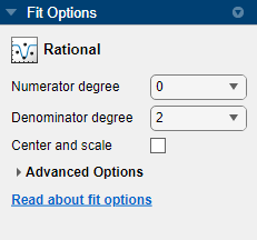 Fit Options pane for rational fit