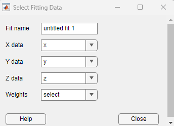 Select Fitting Data dialog box with vector variables selected for the X and Y data and a table variable selected for the Z data