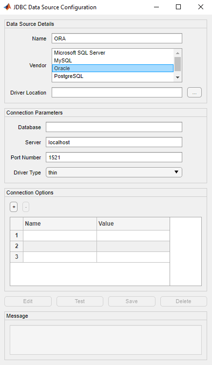 JDBC Data Source Configuration dialog box with the selected Oracle vendor