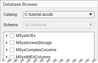 Database Browser shows the C:\tutorial.accdb catalog and its contents.