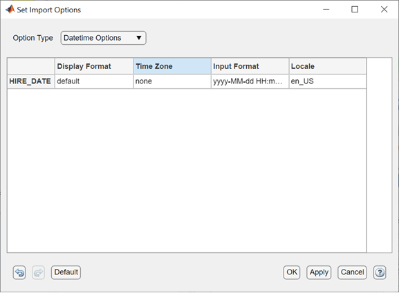 Set Import Options dialog box with Datetime Options selected