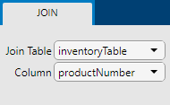 The left side of the Join tab shows the table inventoryTable for the Join Table selection and the productNumber column for the Column selection.