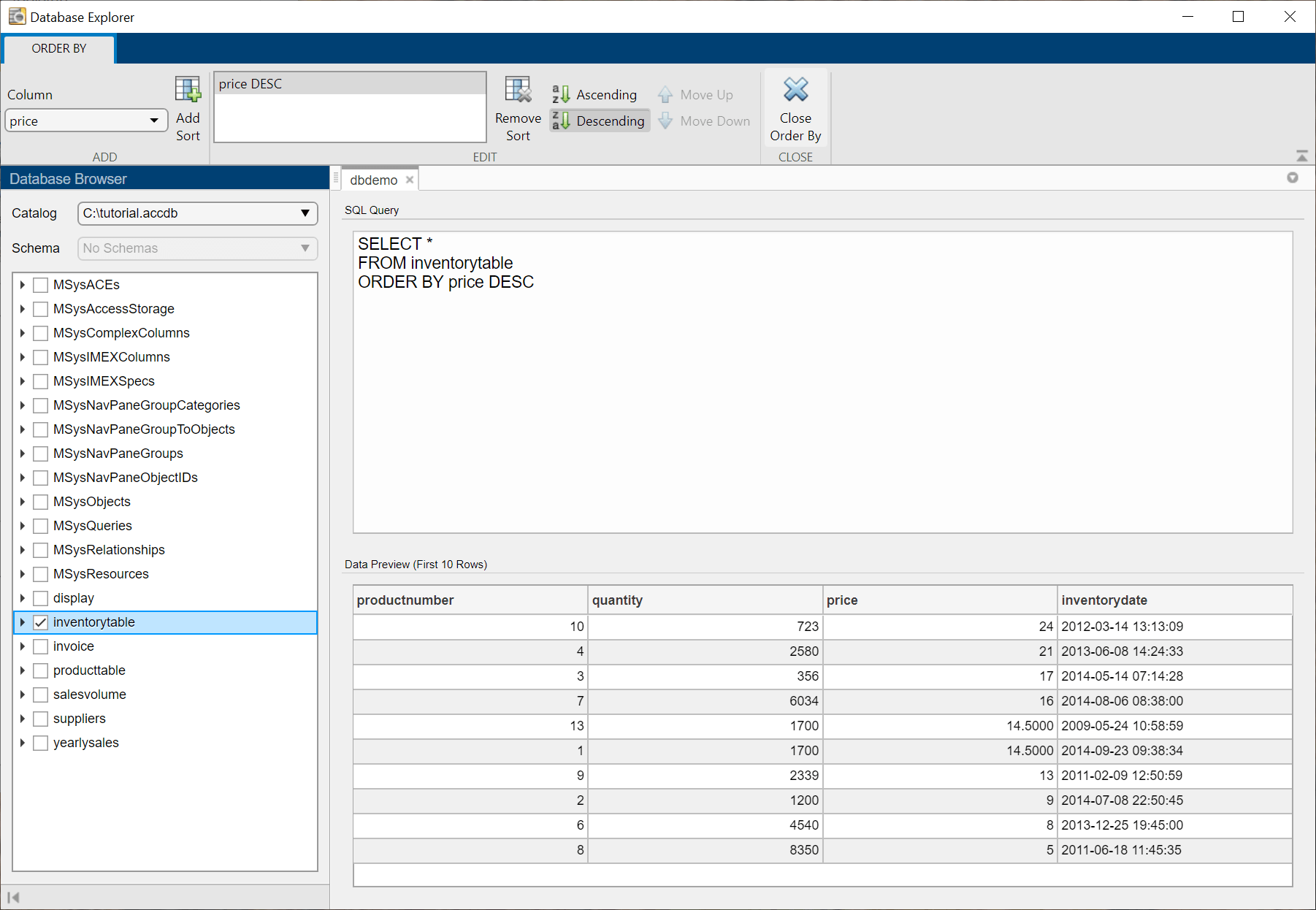 The Database Browser pane shows the selected table inventoryTable in the Database Explorer app. The SQL Query pane shows the SQL SELECT statement to select all data in the table sorted by the price column in descending order. The Data Preview pane displays the data for the first 10 rows in the table sorted by the values in the price column in descending order.