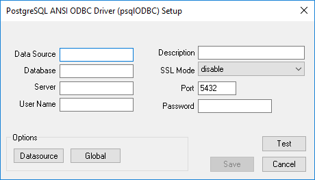 PostgreSQL ANSI ODBC Driver (psqlODBC) Setup dialog box