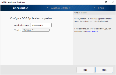 Dialog box showing the Set Application options of the DDS Application Quick Start.