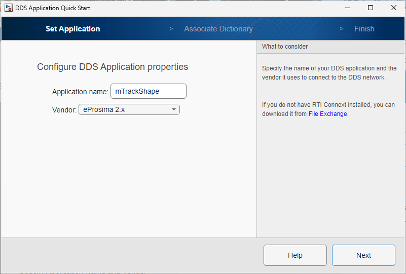 Display of vendor options in Set Application pane of DDS Application Quick Start.