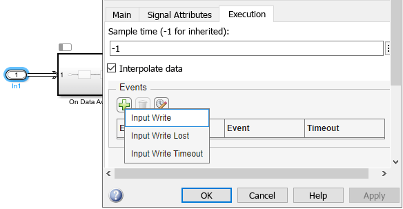 Block Parameters dialogue box to configure events on the input ports.