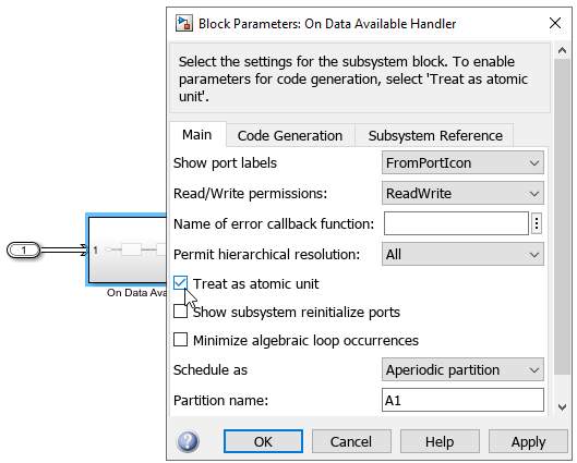 Block Parameters dialogue box to configure the DDS subsystem as an aperiodic partition.