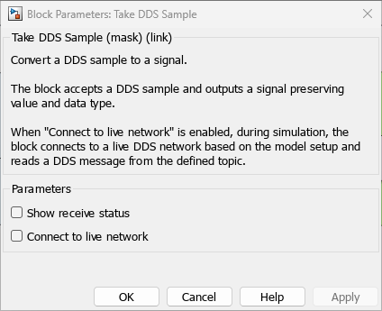 Block Parameters dialog window for the Take DDS Sample block showing the Connect to live network option.