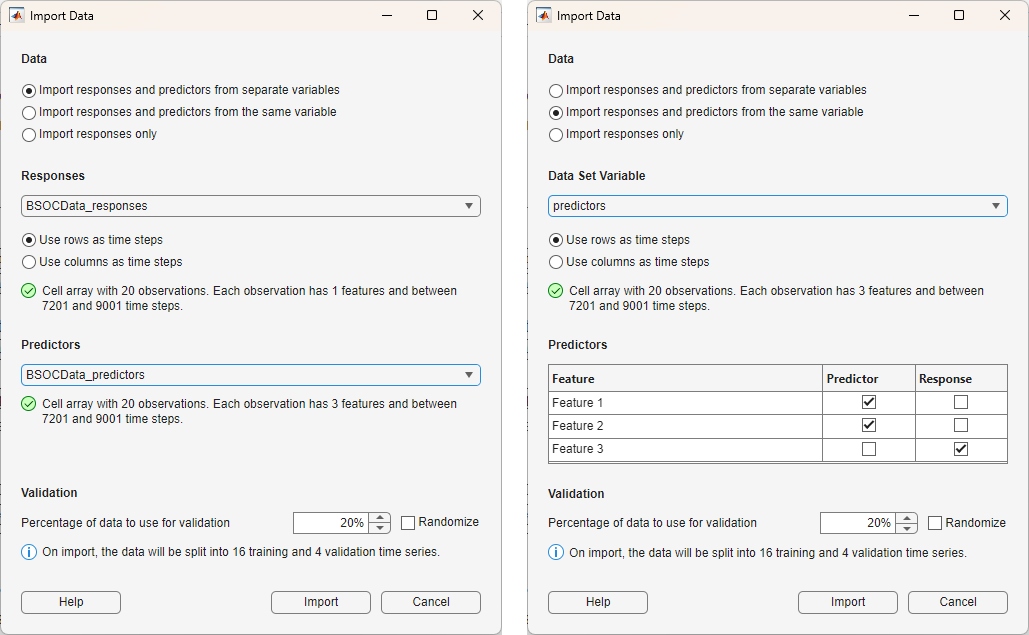 Import Data dialog box for configuring time series structure, predictor source, and validation split before importing.