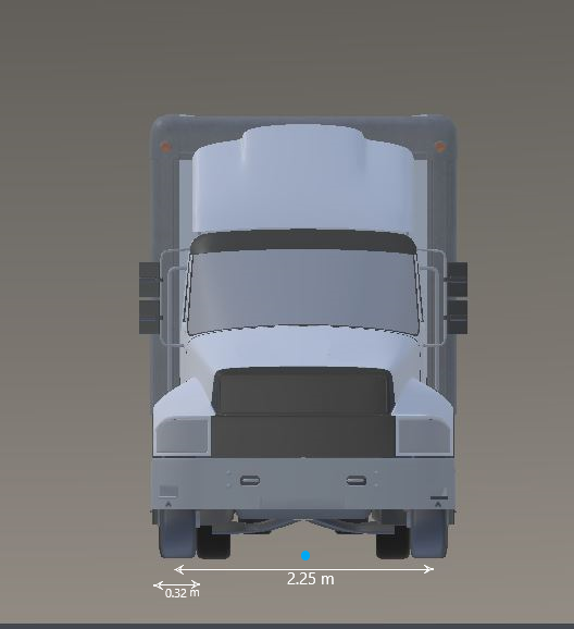 Front view of box truck with the origin marked in blue beneath its center and its front tire width and front axle dimensions shown. The front tire width is 0.32 meters. The front axle width is 2.25 meters.