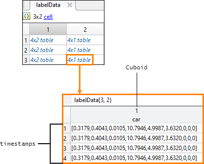 Label data table for point cloud signal in labelData cell array