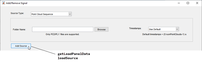 Add/Remove Signal dialog box with the getLoadPanelData and loadSource method names pointing to the "Add Source" button