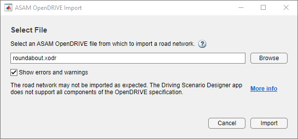 ASAM OpenDRIVE import dialog box to import the file