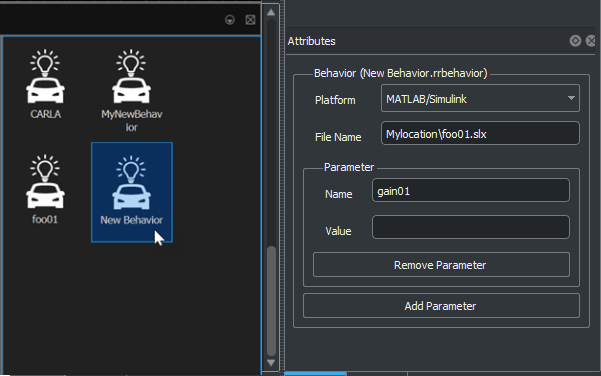 Attributes of the New Behavior. Parameter is gain01.