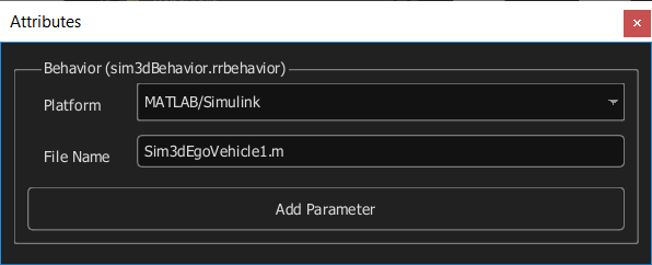 The RoadRunner attributes pane for the behavior asset sim3dBehavior.rrbehavior shows the Platform as "MATLAB/Simulink" and File Name as "Sim3dEgoVehicle1.m".