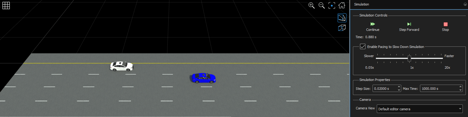The blue sedan is ahead of the white sedan based on the SpeedFactor parameter