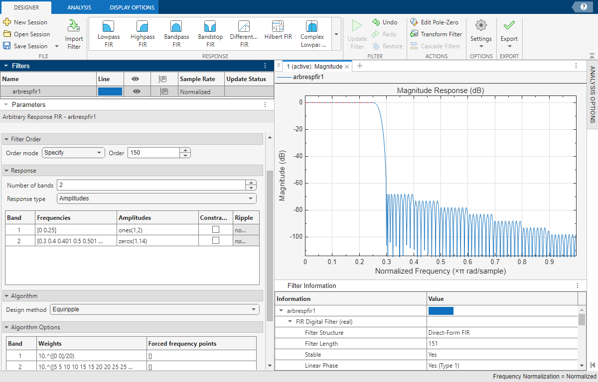 Stepped attenuation lowpass filter design and visualization using Filter Designer app