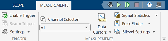 Measurements tab of the Scope block and the Time Scope block.