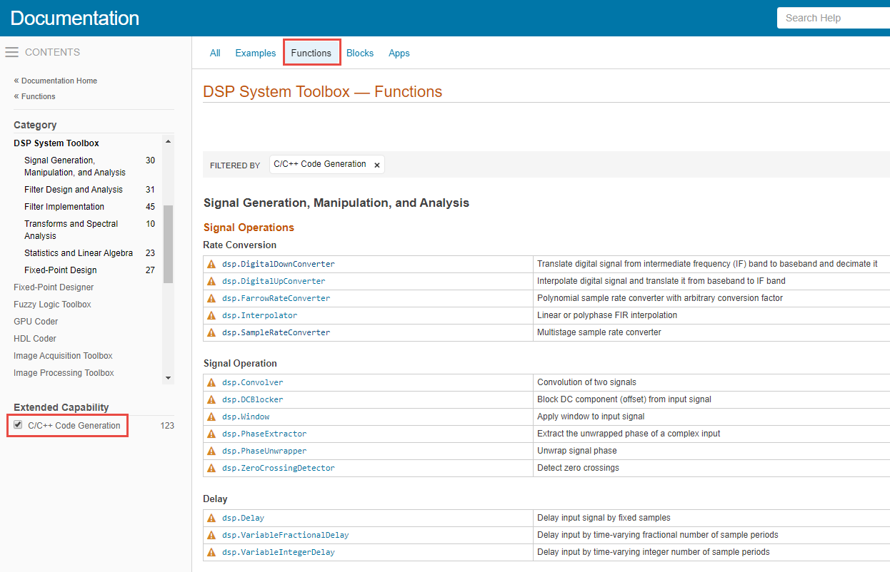 In the image below, there is a blue bar at the top written 'Documentation'. Right below that, on left, there is a contents pane. In the middle of the page, right under the blue bar, there are options that are clickable: 'All', 'Examples', 'Functions', 'Blocks', 'Apps'. In the contents pane, there are products listed. You can choose any product. However, the first product DSP System Toolbox is selected and you can see its categories listed. Below these products, there is list of extended capabilities available. The first capability is C/C++ Code Generation with a check box infront of it. Select this check box. In the clickable options at the top, select Functions. A list of functions and System Objects appears which supports C/C++ code generation. You can see a small triangle next to a function name if there are any C/C++ code generation notes and limitations listed in the respective reference page under Extended Capabilities > C/C++ Code Generation section.