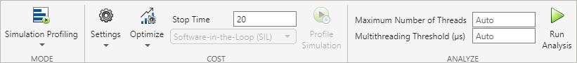 Simulation profile button is disabled when the Simulation Profiling option is selected and the Run Analysis button is enabled.