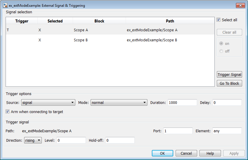 Use the External Signal and Triggering dialog box to select the signals that are collected from the target system.
