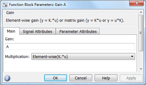 Use the Function Block Parameters dialog box to configure the Gain block.