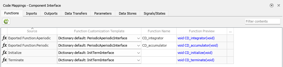 Functions tab view of the Code Mappings editor for model ComponentDeploymentFcn.