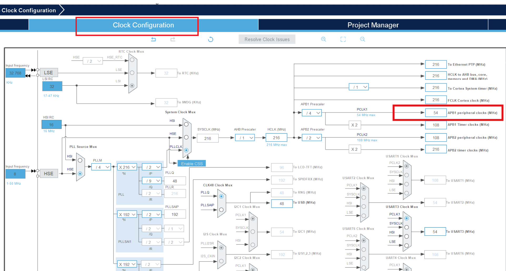 Clock configuration for CAN resource in STM32 CubeMX configuration software
