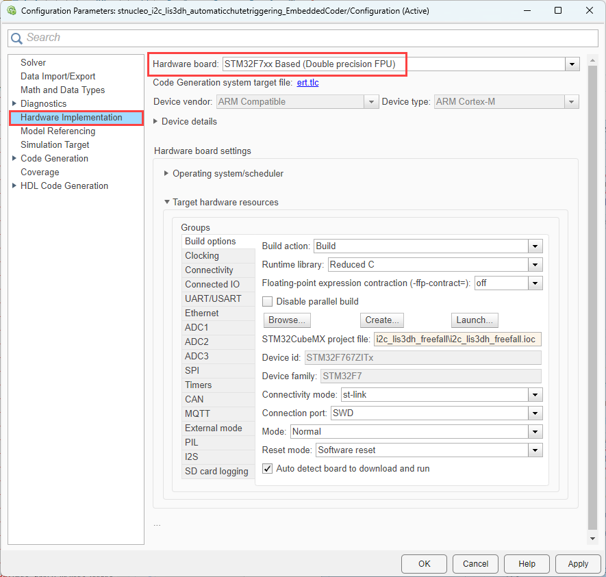 Model configuration parameters for selecting external interrupt resource on STM32F7xx Based processor board