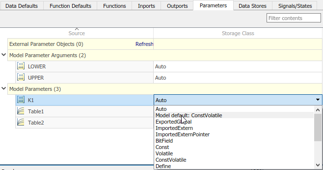 Code Mappings editor with Parameters tab selected, parameters K1, Table1, and Table2 selected, and storage class being set to Model default: ConstVolatile.