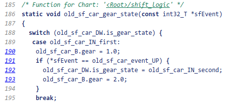 Generated function for a Stateflow chart with a hyperlink to the shift_logic chart in the comment. Some line numbers are underlined as hyperlinks.