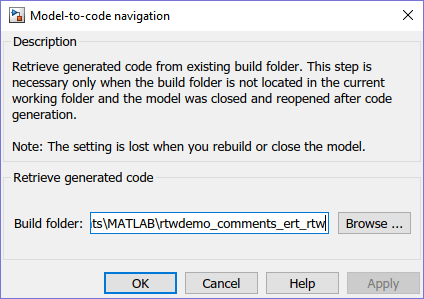 Model-to-code navigation dialog box with a build folder specified.